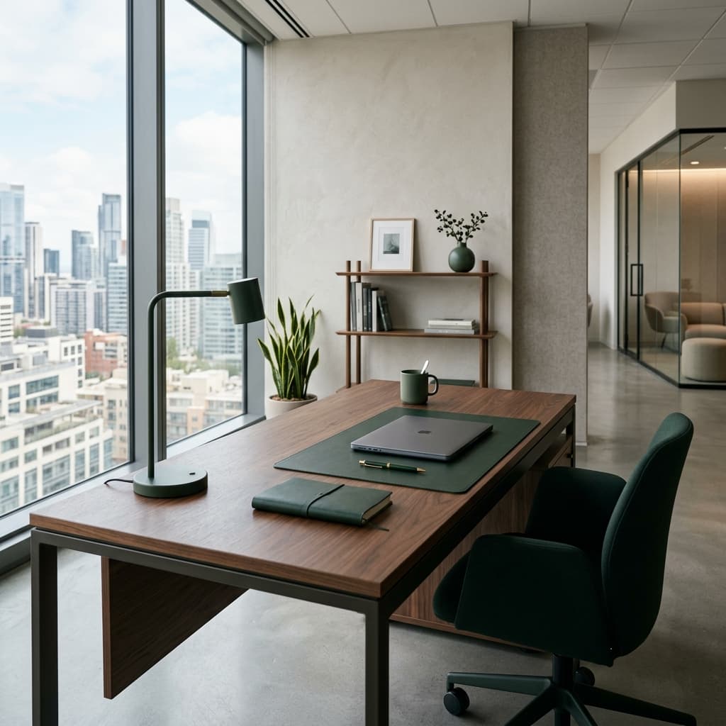 Minimalist bright office space with soft lighting and a wooden desk